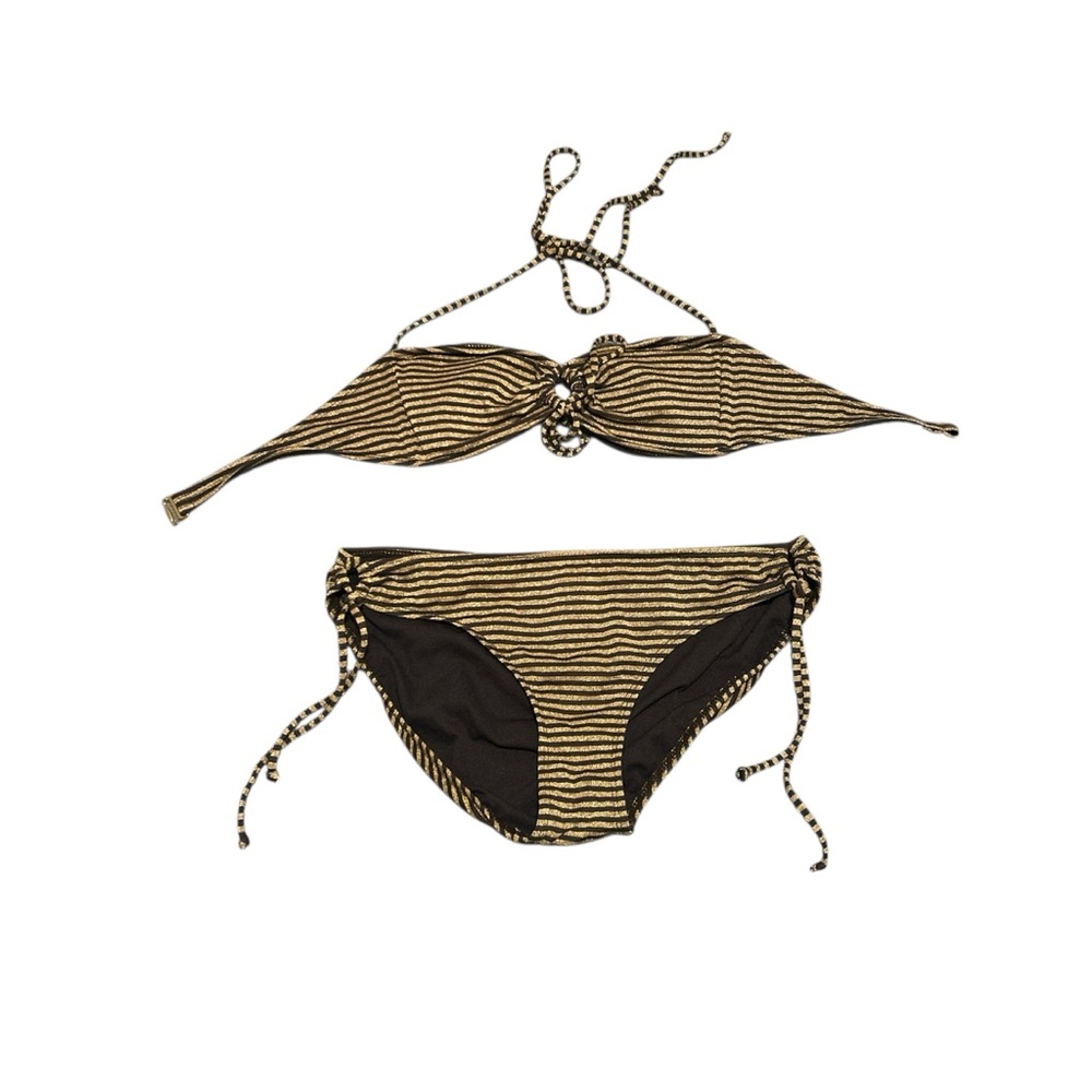 Xhilaration Brown and Gold Metallic Striped Bikini Set Medium Top Large Bottoms